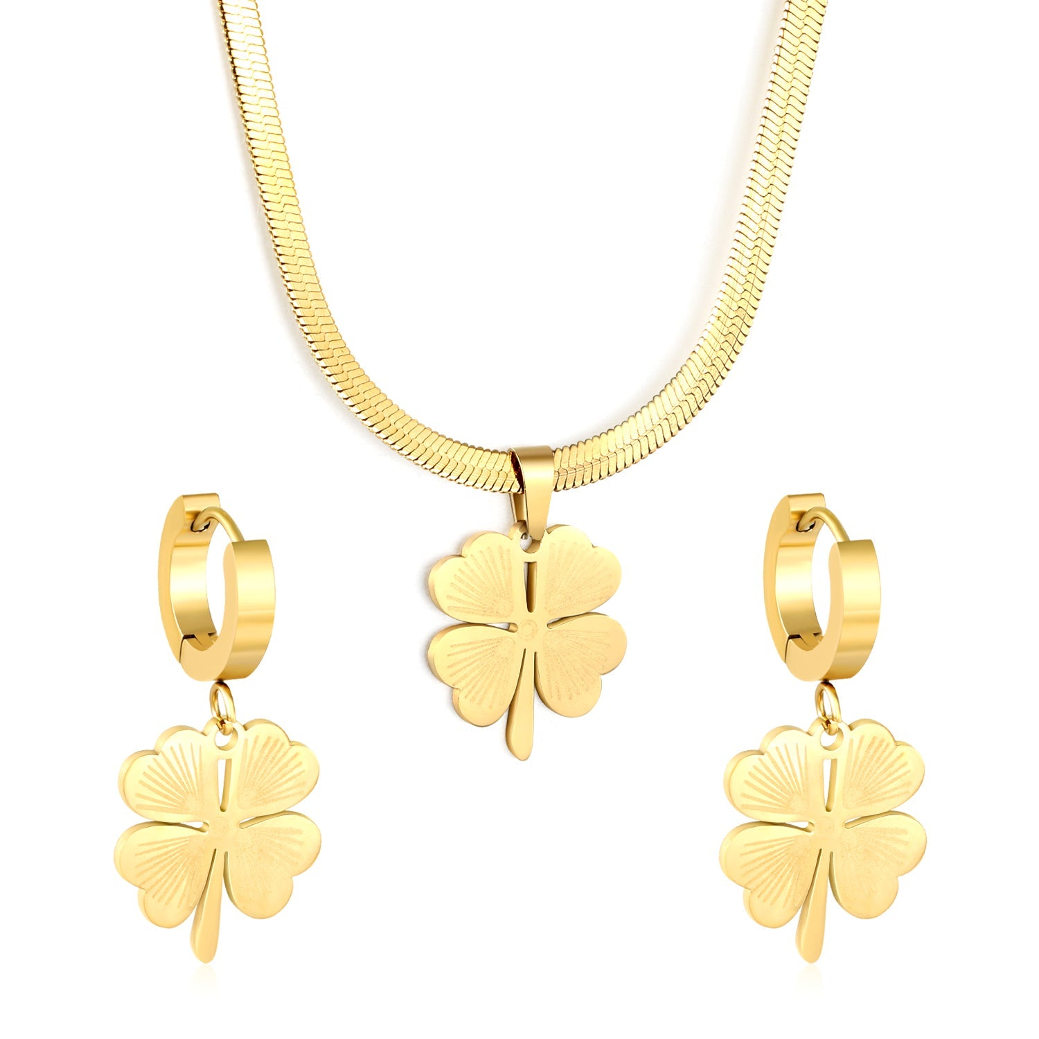 Four Leaf Clover Necklace Earring Set Gold Earrings: 15.8*18.3mm Pendant: 15.8*18.3mm3.2 Push Dense Chain 40+5cm+6mm Round Tail Plaque asonjewelry